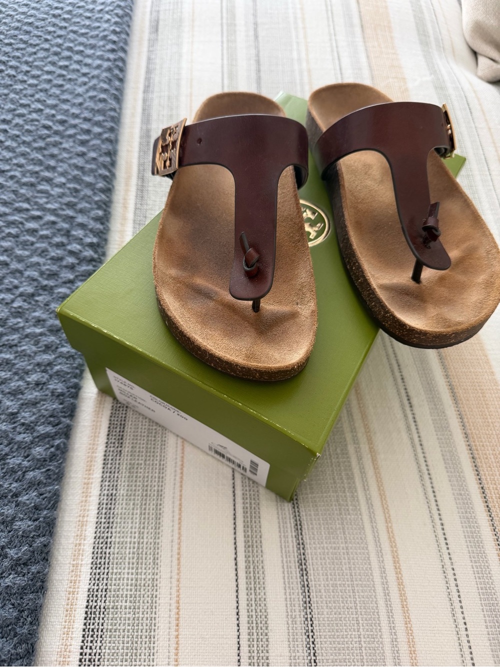 Tory Burch Brown Leather Thong Sandals with Gold Logo Buckle